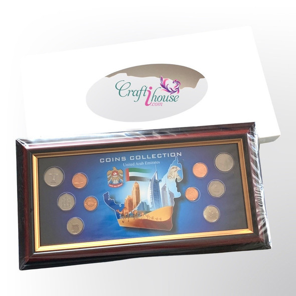 Elegant wooden-toned frame coin collection, a perfect gift or collector's item from the UAE.