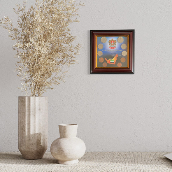 Arabic Souvenir Frame | Uae Coins Collection Frame | Dubai Coins Frame With Falcon Logo And Uae Map - Luxury Handcrafted Souvenir Craftihouse Dubai