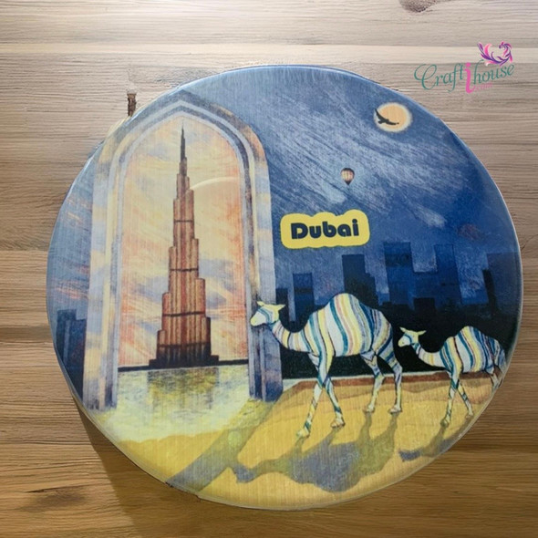 A professional product presentation of the exclusive Dubai printed ceramic plate from a premier UAE shop.