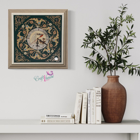 Artisan-crafted square wall clock showcasing deep green and wood-toned layered elements.