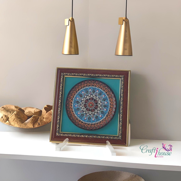 Premium 18cm artisan Anatolian Azure framed ceramic plate featuring traditional hand-painted blue tile motifs.