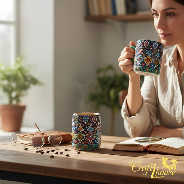 Unique hand-painted clay mug for coffee or tea Unique hand-painted clay mug for coffee or tea