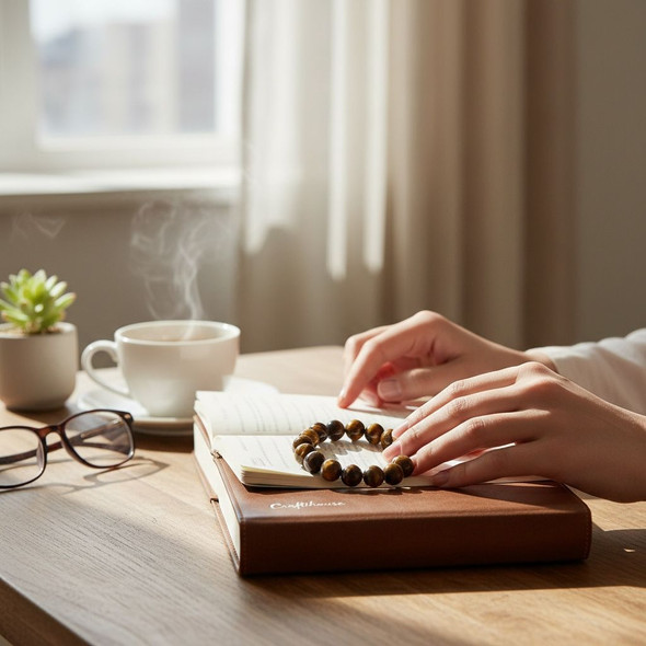A circular stretch bracelet featuring shimmering golden-brown and black banded natural stone beads.