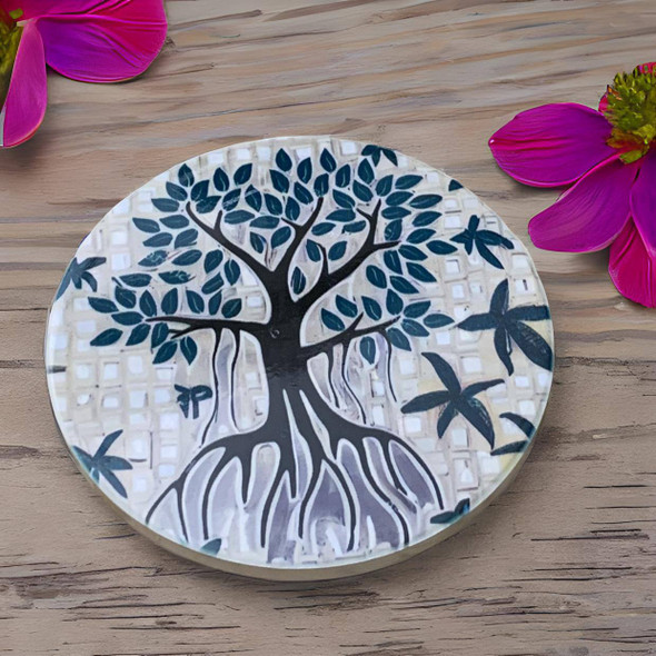 High-quality ceramic drink coaster featuring a unique, nature-inspired mangrove motif.