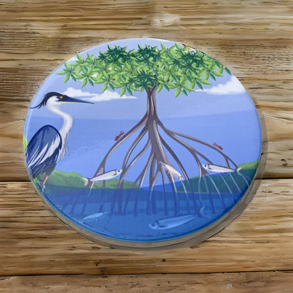 Close-up view of the mangrove-themed coaster, highlighting the vibrant colors and detailed nature scene printed on the ceramic surface.