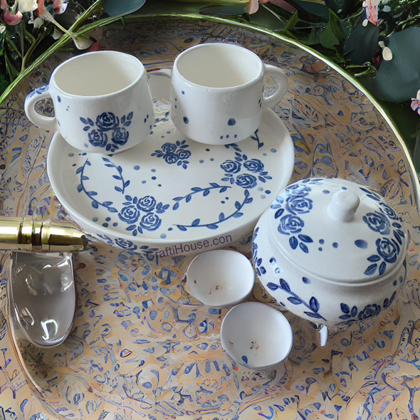Exclusive Hand Painted Blue Rose Ceramic Tea set Heritage Collection Detail