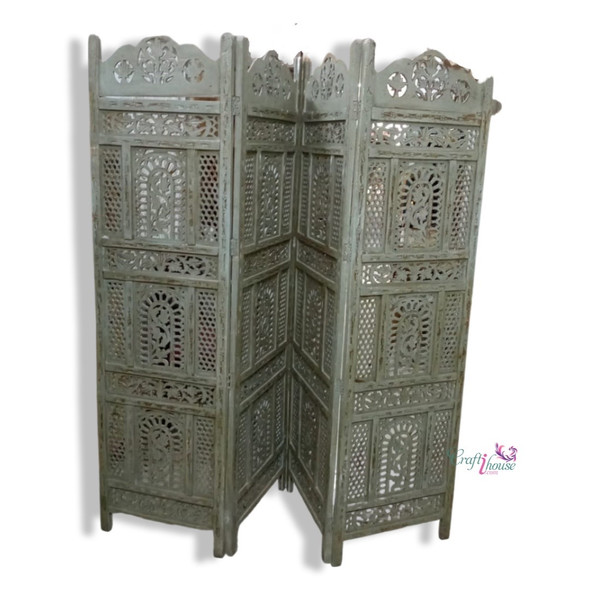 Premium Hand Carved Wooden Partition 180x200 Cm Wooden Carved 4-panel Room Divider Antique Grey High-Quality Design View