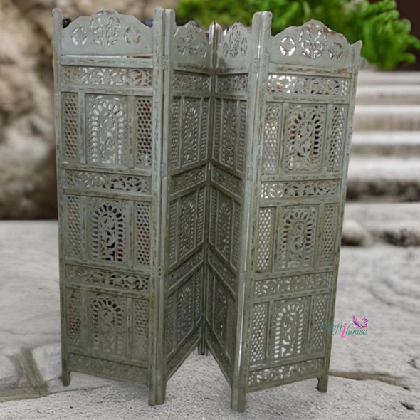 Exclusive Hand Carved Wooden Partition 180x200 Cm Wooden Carved 4-panel Room Divider Antique Grey Heritage Collection Detail
