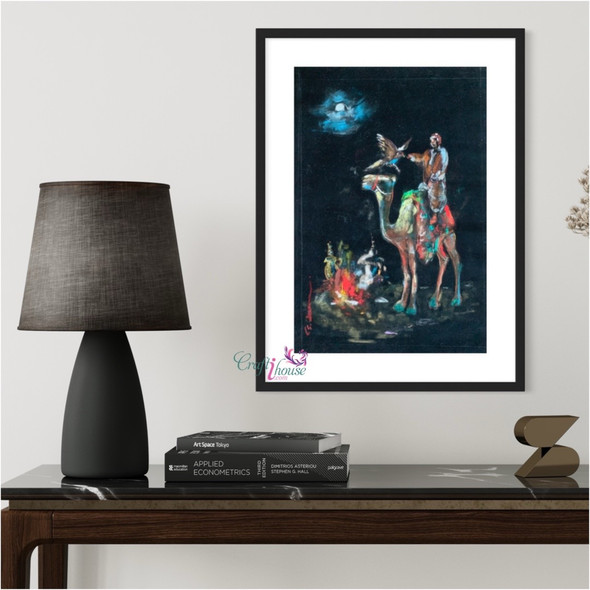 Premium Desert Chalk Pastel Painting 37x55 Cm -handmade Arabian Night Desert Scene Painting On Black Velvet High-Quality Design View