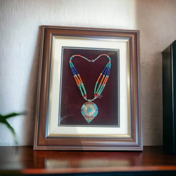 Premium Handmade vintage Nepali necklace framed , Fashion gallery wall art Deco , Tibetan souvenir High-Quality Design View