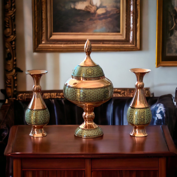Exclusive Luxury Home decor Gift Set , Set of Khatamkari Inlaid 2 Copper Flower Vases and a Copper Pedestal Candy Bowl , Special Gift , Gift for VIP , Shelf decor Heritage Collection Detail