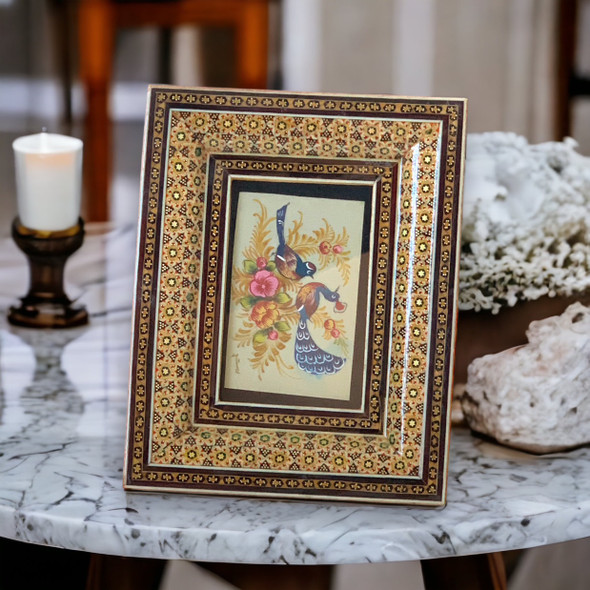 Premium Miniature Painting On camel Bone , Traditional Birds and Flower Painting With Handmade Khatamkari Inlaid Wooden Frame , Table stand Frame High-Quality Design View