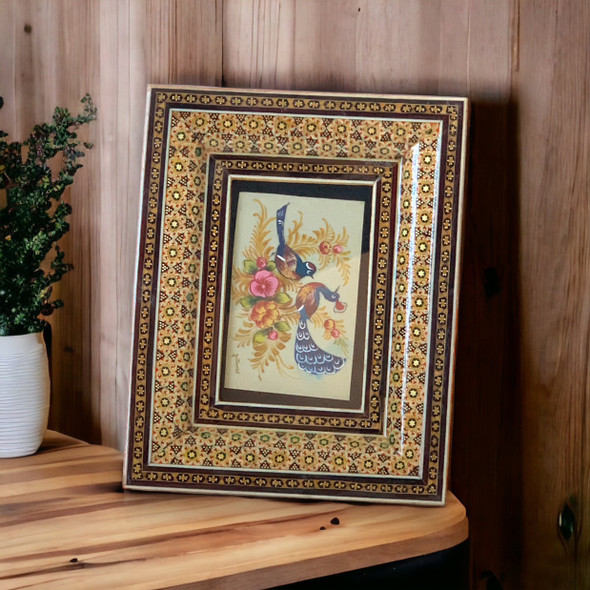 Exclusive Miniature Painting On camel Bone , Traditional Birds and Flower Painting With Handmade Khatamkari Inlaid Wooden Frame , Table stand Frame Heritage Collection Detail