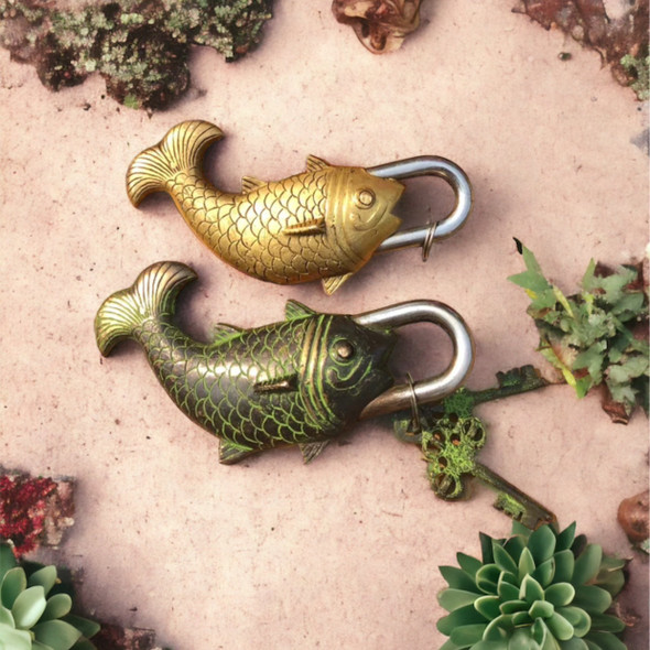 Brass Fish Padlock - Buddhist Vintage Puzzle Padlock - Temple Lock - Castle Padlock - Ornate Decor - Cool Room Decor - Home Hardware | Antique Style Functional Art | Unique Traditional Security - Luxury Handcrafted Art Craftihouse Dubai