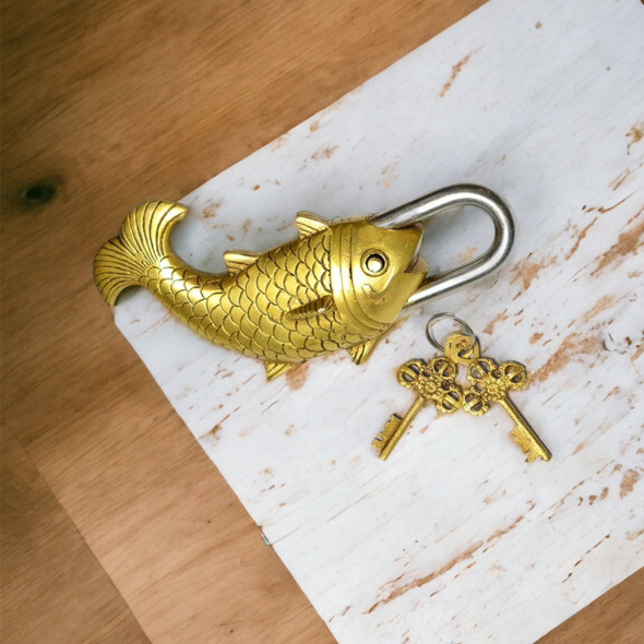 Brass Fish Padlock - Buddhist Vintage Puzzle Padlock - Temple Lock - Castle Padlock - Ornate Decor - Cool Room Decor - Home Hardware | Antique Style Functional Art | Unique Traditional Security - Luxury Handcrafted Art Craftihouse Dubai