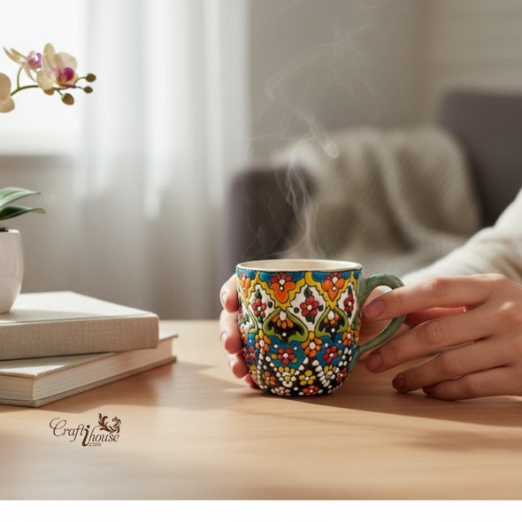 Handcrafted enamel painted clay mug