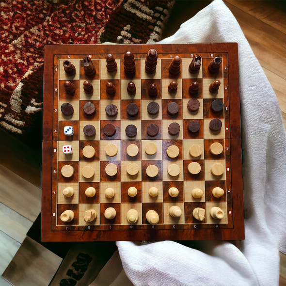 Luxury Wooden Chess & Backgammon Set , Wooden Shatranj 24x24 cm , Gift for Kids , Traveler Mini Chess Set , Draught Game , 3 in 1 Game Artisan Detail Shot