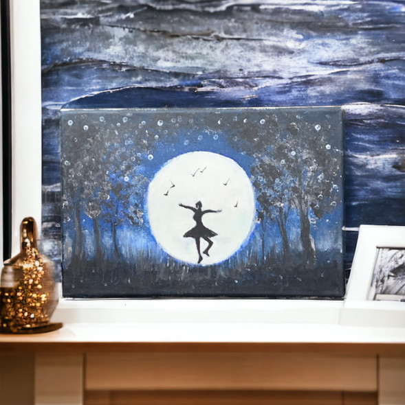 An acrylic painting on canvas depicting a dancer's silhouette framed against a glowing full moon, starry night sky, and dark tree lines.