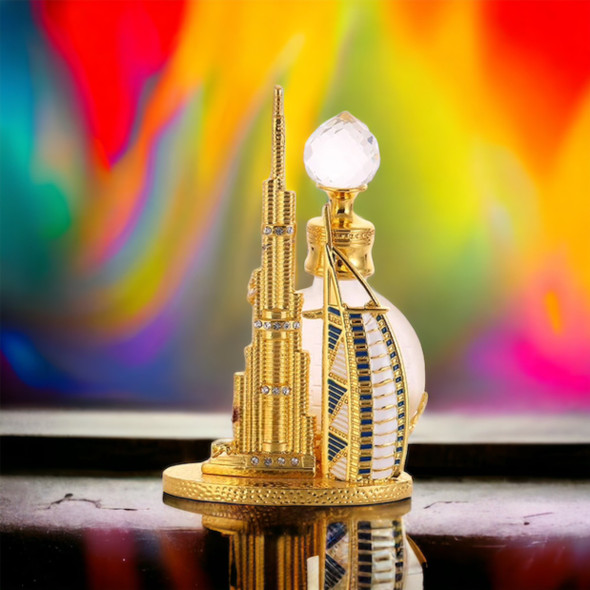 A stunning collector’s perfume bottle featuring miniature architectural replicas of Dubai’s icons, perfect for display on any vanity or shelf.