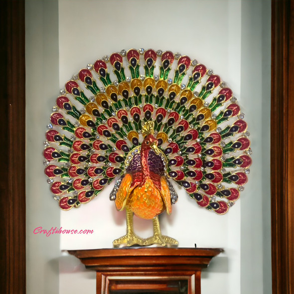 Premium Peacock metal figures ,  Elegant Gold Tone Metal with Sparkling Rhinestones, 7"W High-Quality Design