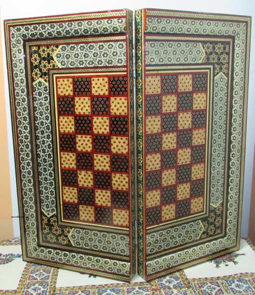 Interior view of the wooden board showing the detailed backgammon triangles and inlay work.