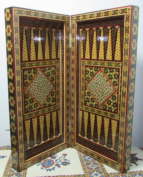 Premium handmade wooden chess board with intricate marquetry inlay patterns.