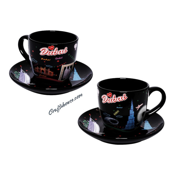 Black printed ceramic cup and saucer duo, perfect for home or office.