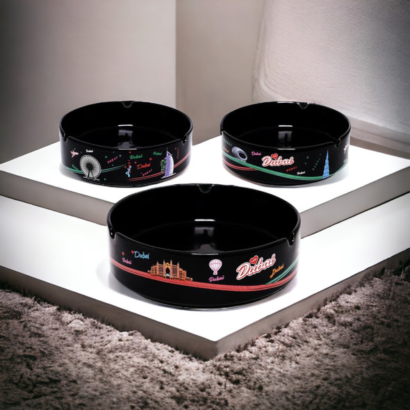 A professional product presentation of the decorative Dubai souvenir ashtray set from a premier UAE gift shop.