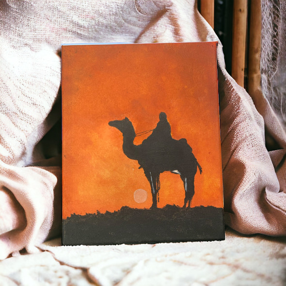30x20 acrylic on canvas painting depicting a camel rider silhouette against a sunset sky.