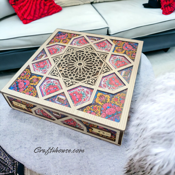 Exclusive Wooden Nuts Serving Box , Sweets Serving Box , Wooden Gift Box 24X24 Cm , Tile Pattern Gift Box Heritage Collection Detail