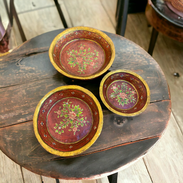 Rustic Bowls Set Set Of 3 Pcs Hand Painted Wooden Bowls Vintage Fruit Serving Bowls Set | Sophisticated Middle Eastern Art & Home Anchor - Luxury Handcrafted Art Craftihouse Dubai
