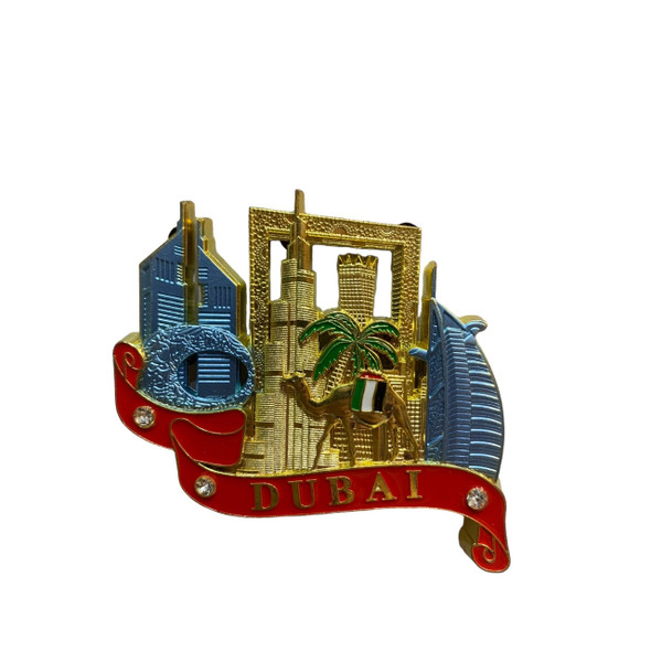 A professional product presentation of the decorative Dubai metal fridge magnet from a premier UAE gift shop.