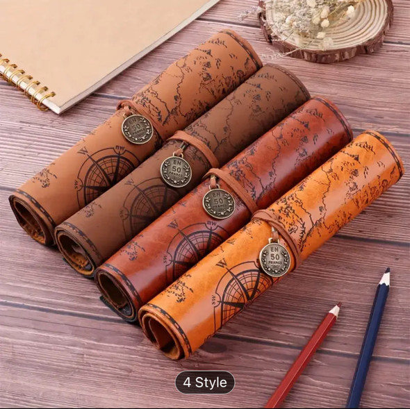 Exclusive Creative Treasure Map Retro Pencil Case Leather Large Capacity Roll Pencil Bag Embossed Buckle Simple Stationery Box Roll Portable Pencil Drawing Bag Pen Holder Heritage Collection Detail