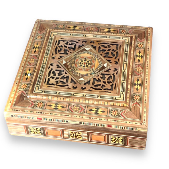 Exclusive Handmade Wooden Inlaid Box with Mother of Pearl Accents Heritage Collection Detail