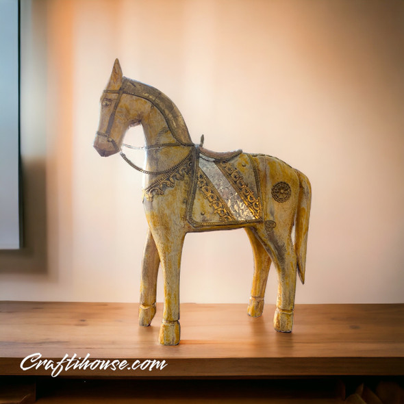 Handmade Wooden Horse 15 Inches Carved Wooden Horse Statue With Metal And Nail Accents For Living Room | Luxury Heritage Decor & Unique Artisan Piece - Luxury Handcrafted Art Craftihouse Dubai