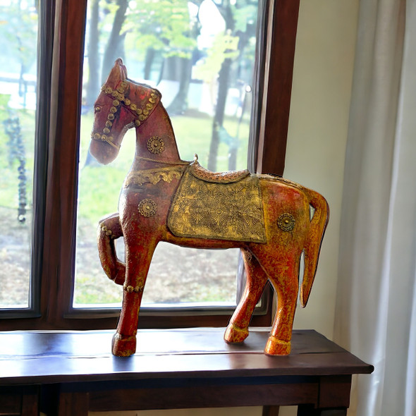 Premium Living Room Decor 15 Inches Wooden Horse Vintage Style Carved Wooden Horse Statue With Metal And Nail High-Quality Design
