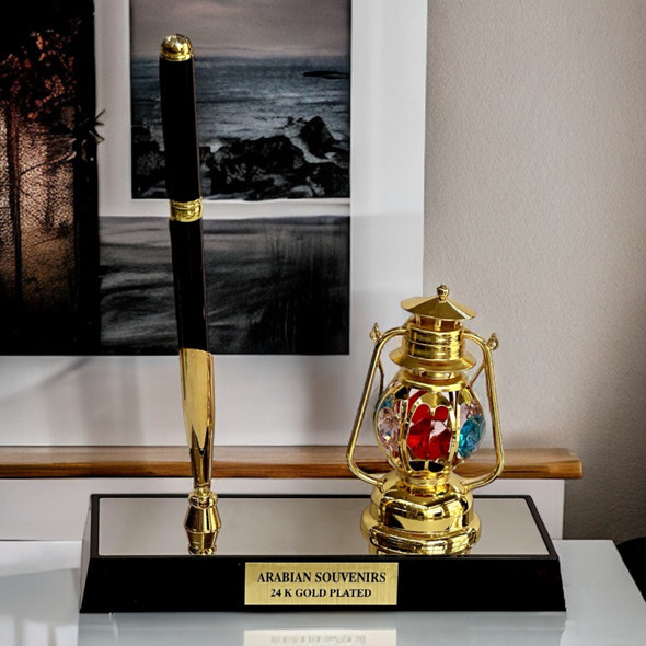 Premium Gold Plated Desktop Pen holder with decorative Oil Lamp , Gift for Manager , Retirement Gift , The Perfect gift for him High-Quality Design