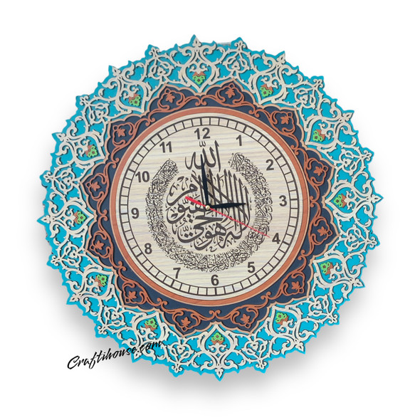 The "Celestial Guard" wood carved clock shown as a prestigious spiritual decorative feature in a modern luxury Majlis setting in Dubai.