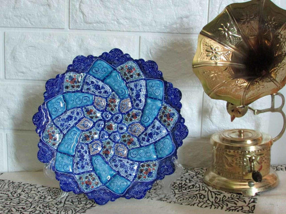 A premium 20 cm hand-painted Meenakari copper wall plate titled "The Azure Medallion" featuring vibrant blue and white radial enamel patterns.