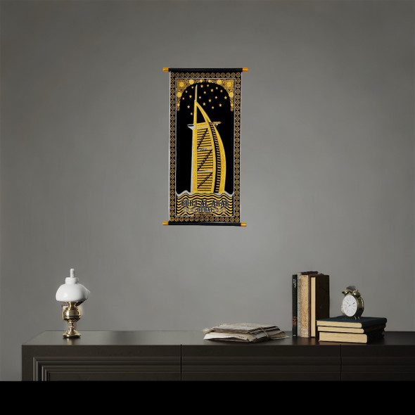 A professional product presentation of the Dubai landmark wall tapestry from a premier UAE gift and souvenir shop.