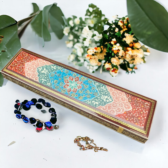 Luxury Khatamkari Sliding Box28 cm , Gift Box , Brass & Camel Bone Inlaid, Hand Painted Showcase - Craftihouse Dubai
