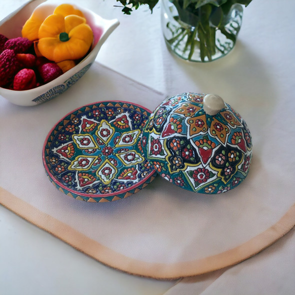 Handmade clay butter keeper dish with lid 13cm cheese storage kitchen gift