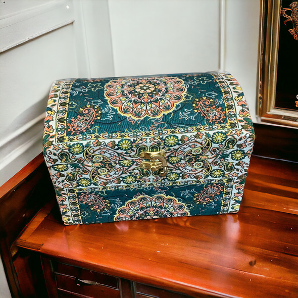 Wooden Gift Box with Inlaid Termeh Cloth - Memory Keepsake - Lockable Handmade Dome Shape Wedding Memory Box - Anniversary Gift - 21x13 cm