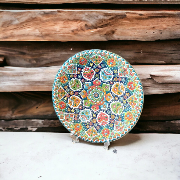 Exclusive Wall Decor Hand-Decorated 25 Cm Ceramic Plate: 'Minakari' Art With Geometric-Floral Relief Design Heritage Collection Detail