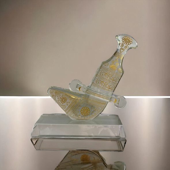 Glass Jambeya Dagger On Stand With Golden Eslimi Pattern | Omani Khanjar Corporate Gift & Souvenir (22x20 Cm) | Promotional Gift - Luxury Handcrafted Souvenir Craftihouse Dubai