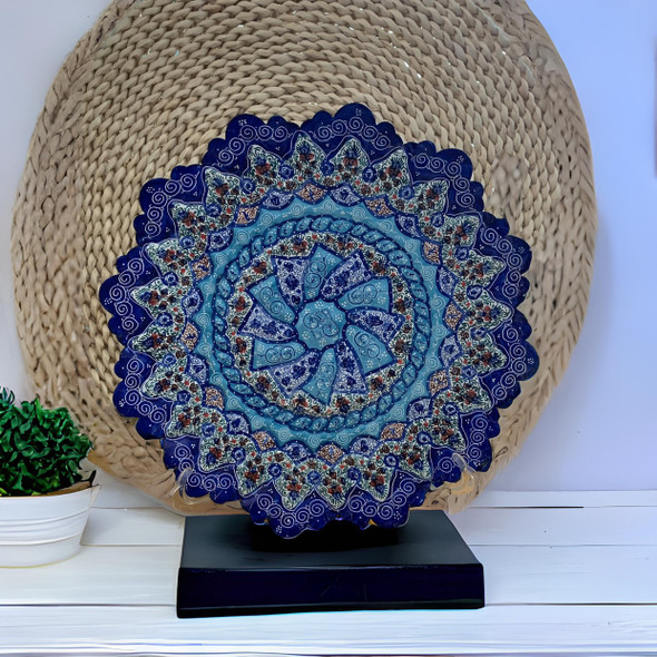 Shelf decor Minakari plate 25 cm , wall hanging copper plate , hand painted Minakari plate , blue pattern plate 