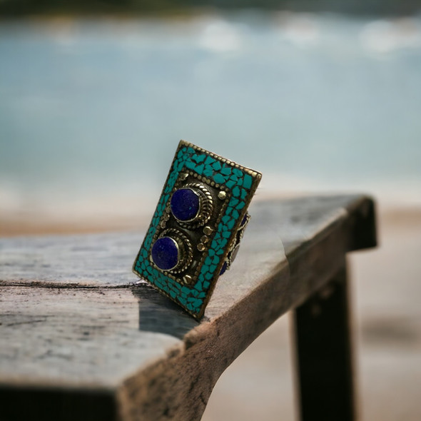 Premium Nepal Tibet Inspired Ethnic Natural Stones Ring High-Quality Souvenir