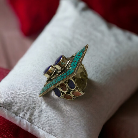 Exclusive Nepal Tibet Inspired Ethnic Natural Stones Ring Heritage Collection Detail