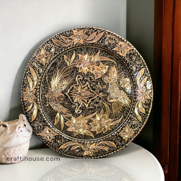 Premium Wall decor hand Engraved Copper Plate 40 cm , Birds and Flowers pattern Engraving Plate , Engraving art , Copper Home decor , Gift idea High-Quality Souvenir