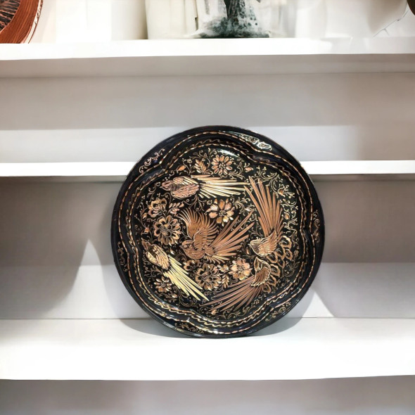 Premium Exquisite Hand-Engraved Copper Plate30 cm , Birds and Flowers pattern Engraving Plate , Engraving art , Copper Home decor , Gift idea High-Quality Souvenir